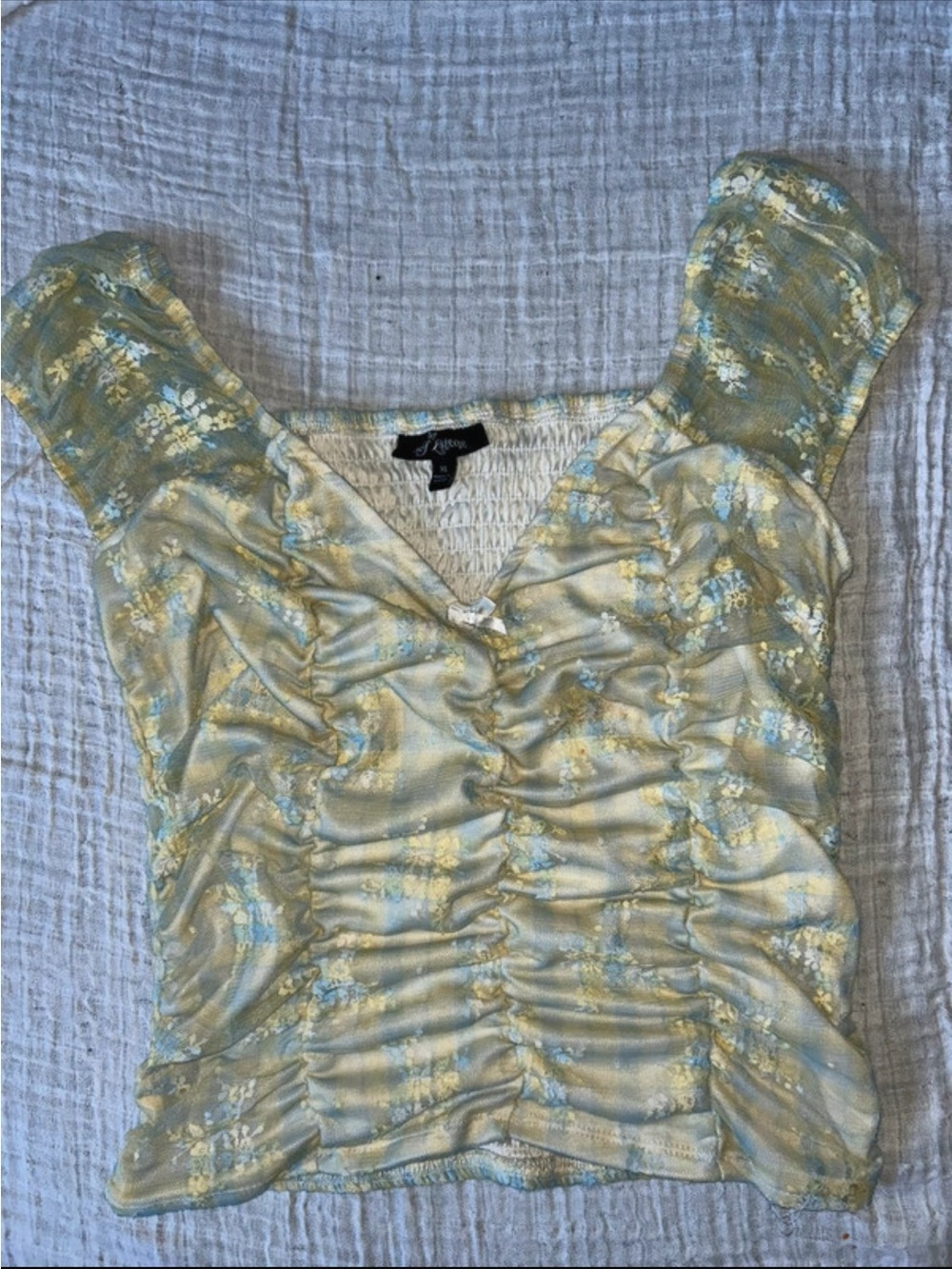 Unknown Brand Yellow Floral Ruched V-Neck Women's Top